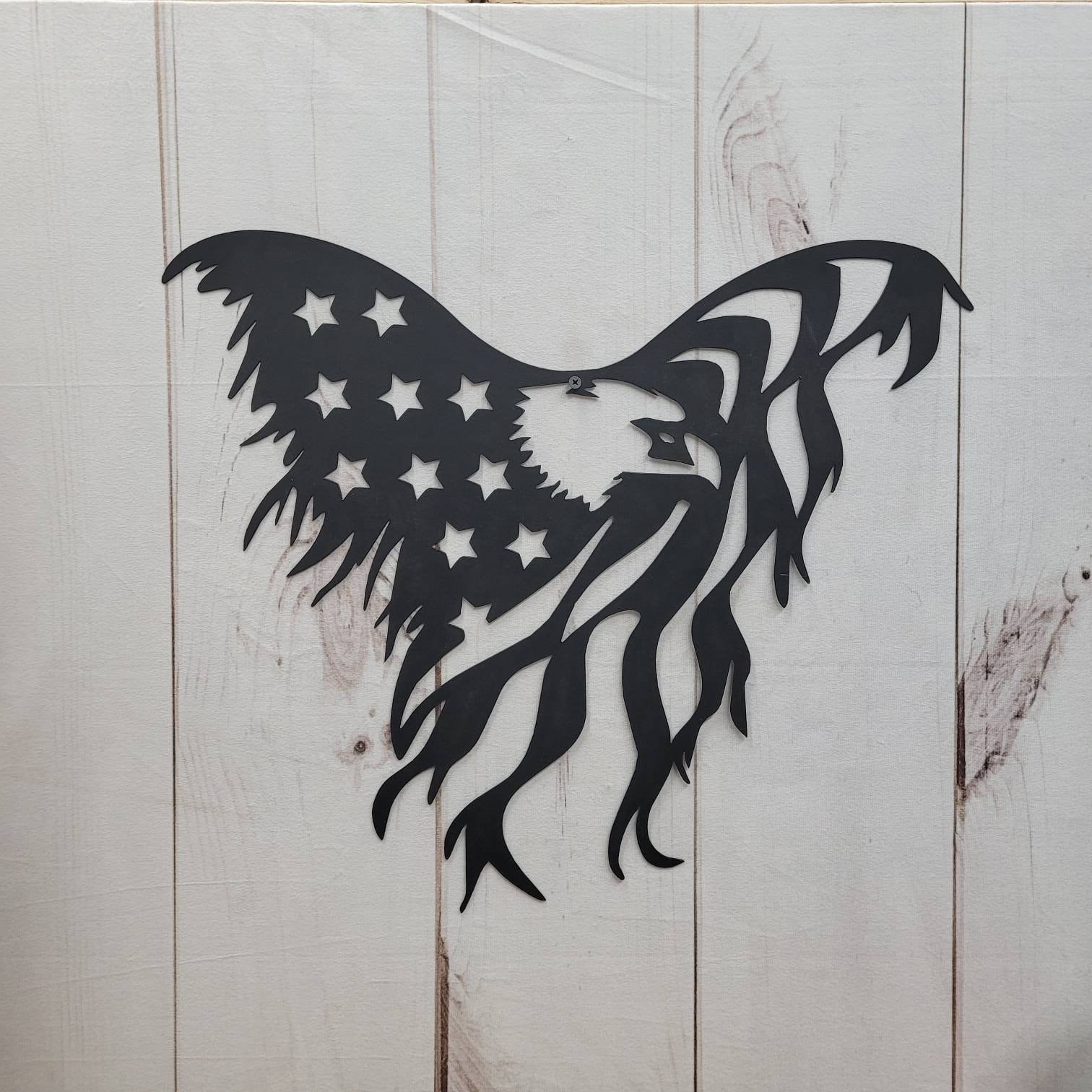 Distressed American Flag Eagle Patriotic Meta Aluminum Sign — shown on a rustic wall