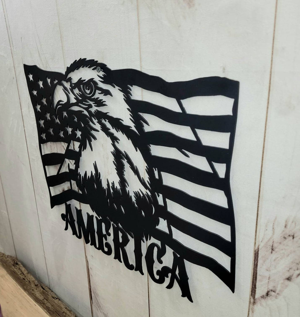 American Eagle Flag Patriotic Metal Sign Aluminum Sign — shown on a rustic wall
