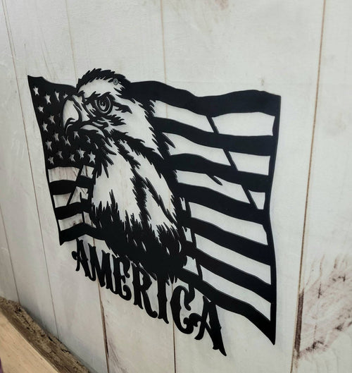 American Eagle Flag Patriotic Metal Sign Aluminum Sign — shown on a rustic wall