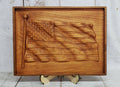 3D waving United States flag carved on solid  Wood Sign — front view on white background