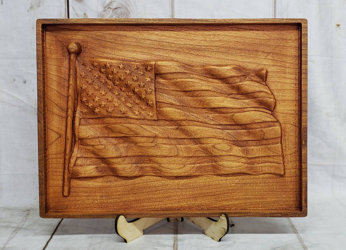 3D waving United States flag carved on solid  Wood Sign — front view on white background