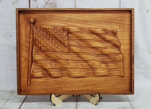 3D waving United States flag carved on solid  Wood Sign — front view on white background