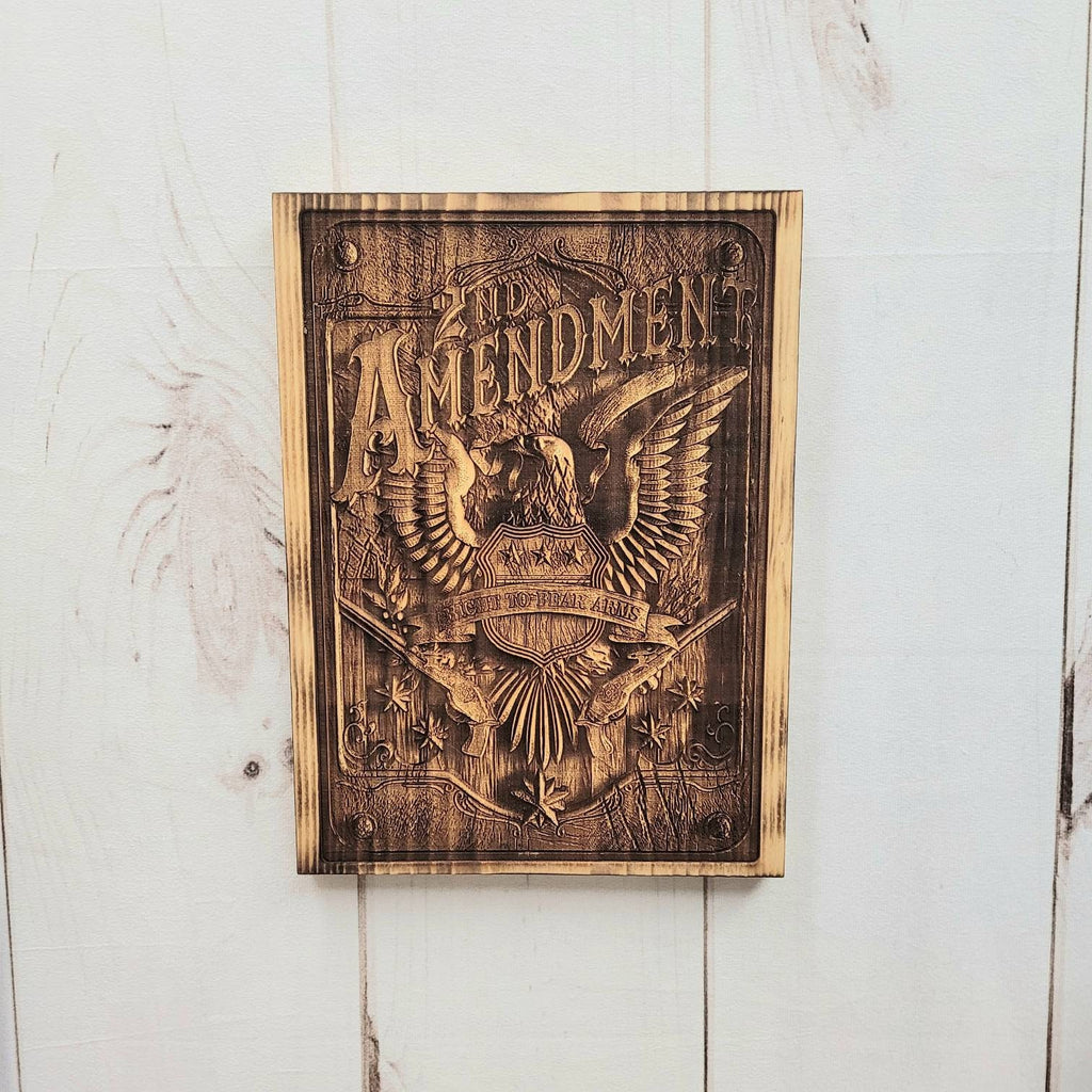2nd Amendment Laser Engraved Pine Wood Wall A Wood Sign — shown on a rustic wall