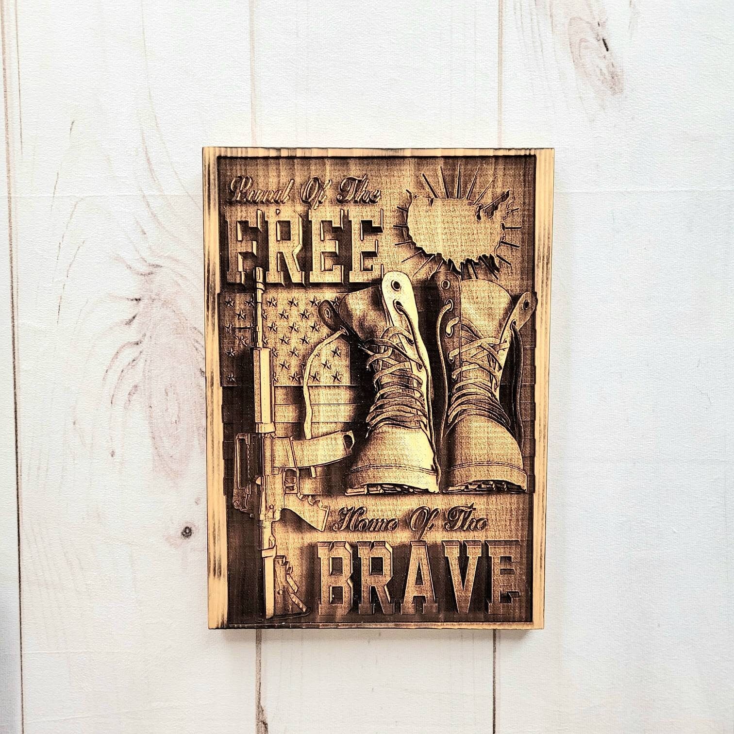 Laser Engraved Patriotic Wood Sign: Land of t Wood Sign — front view on white background