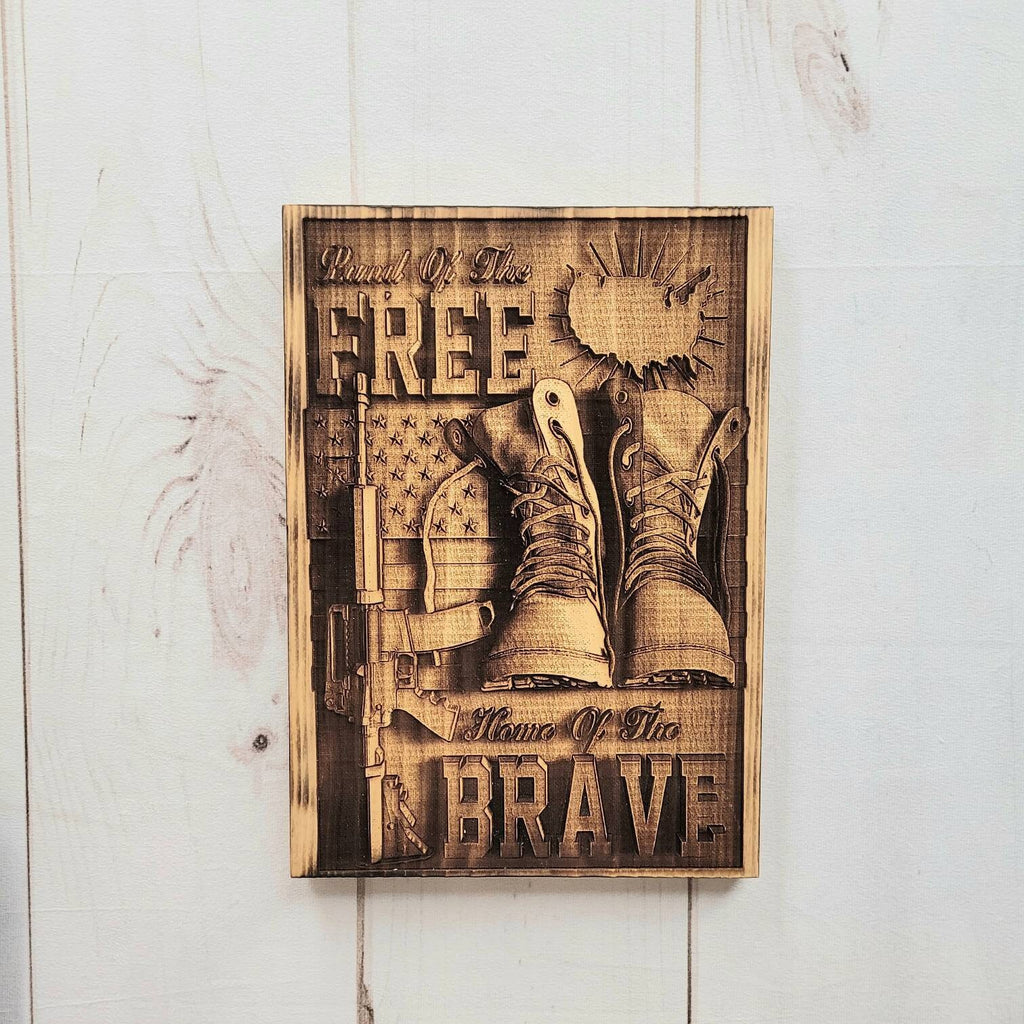 Laser Engraved Patriotic Wood Sign: Land of t Wood Sign — shown on a rustic wall