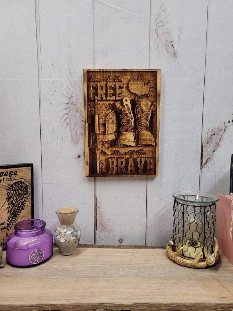 Laser Engraved Patriotic Wood Sign: Land of t Wood Sign — detail view