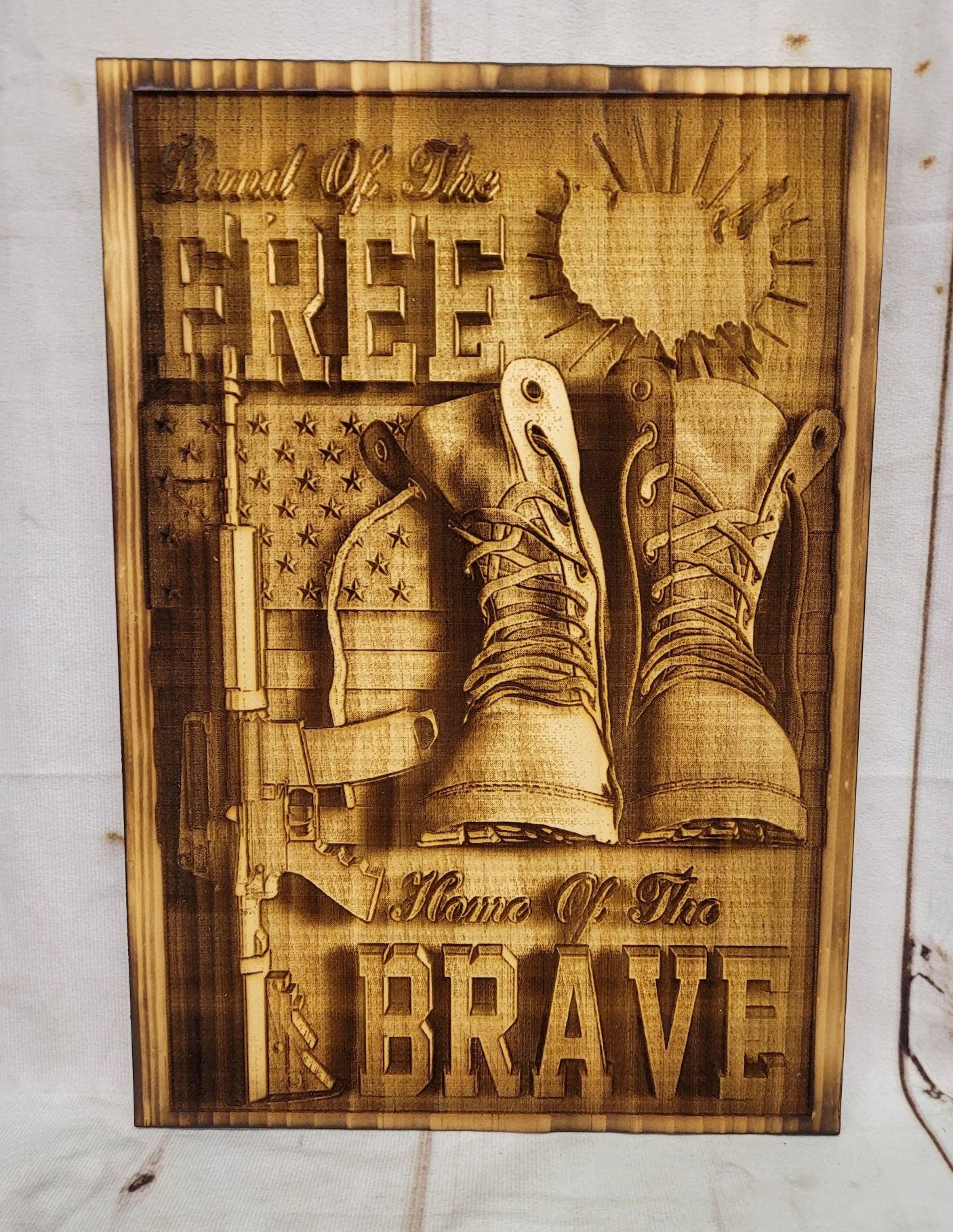 Laser Engraved Patriotic Wood Sign: Land of t Wood Sign — alternate angle
