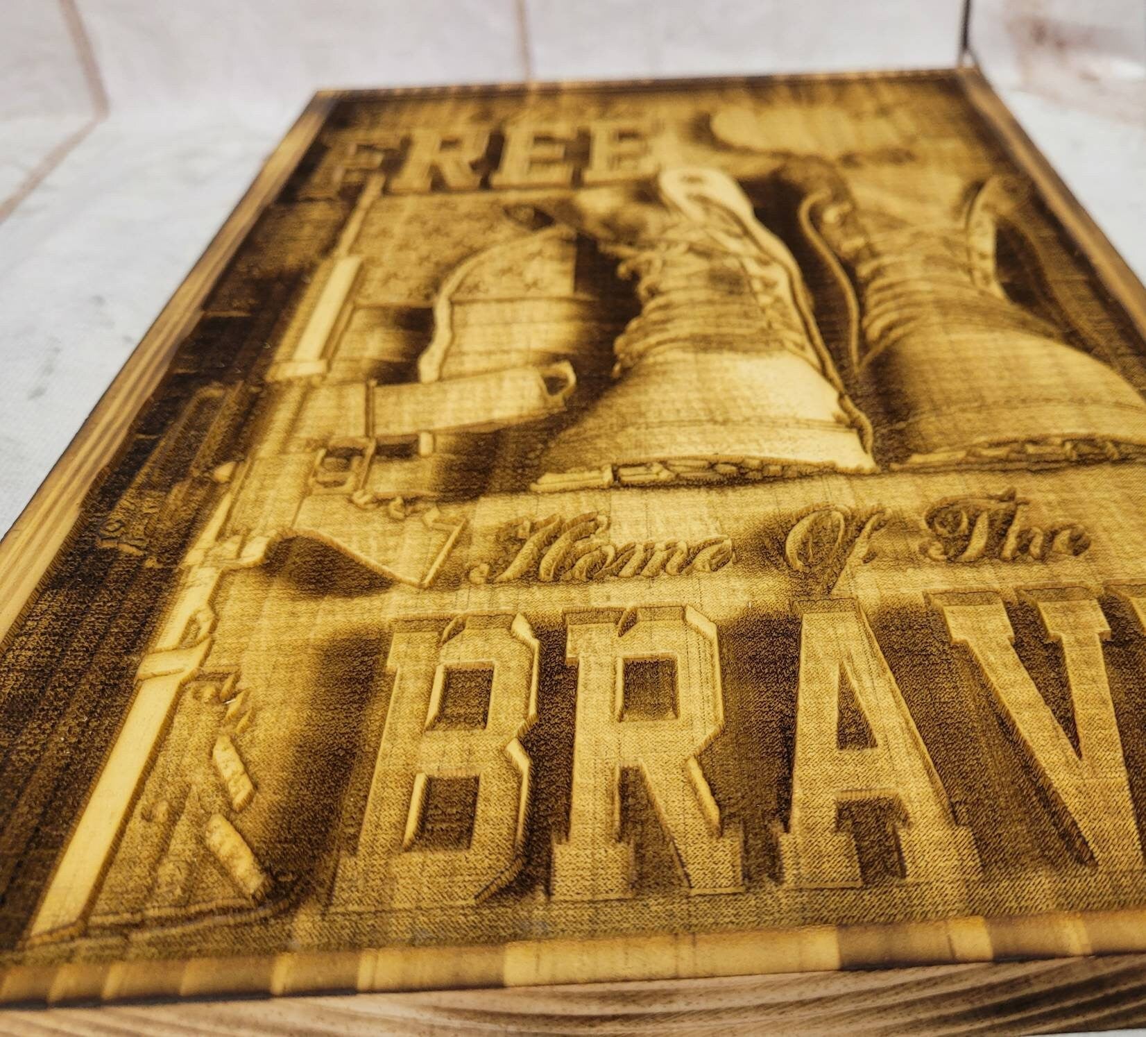 Laser Engraved Patriotic Wood Sign: Land of t Wood Sign — alternate angle