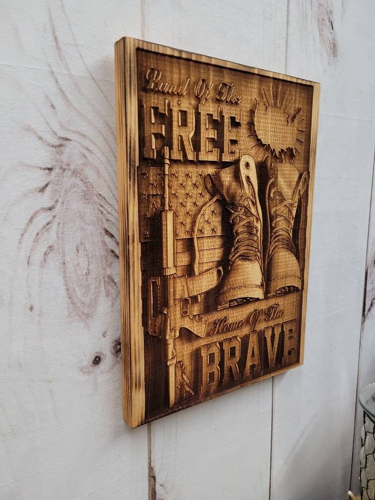 Laser Engraved Patriotic Wood Sign: Land of t Wood Sign — alternate angle