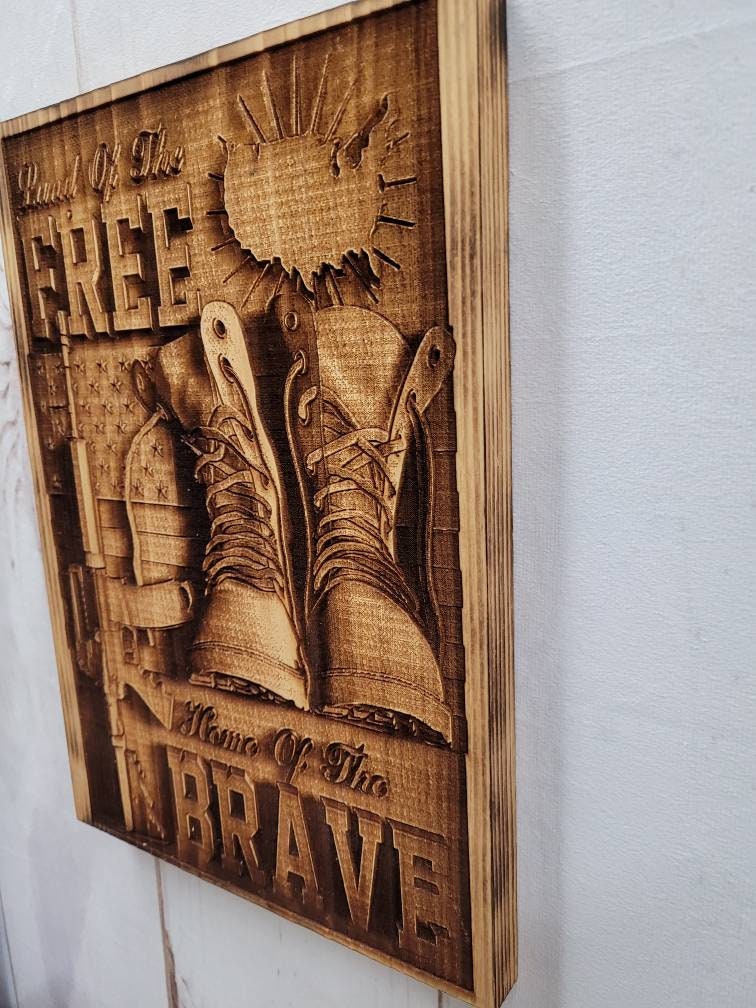 Laser Engraved Patriotic Wood Sign: Land of t Wood Sign — alternate angle