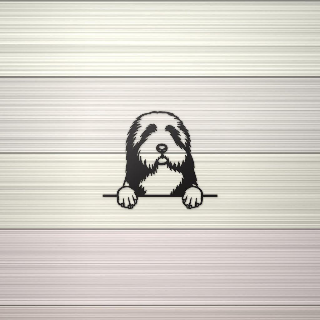 Bearded Collie Dog Lover Gift Metal Dog Sign — shown on a rustic wall