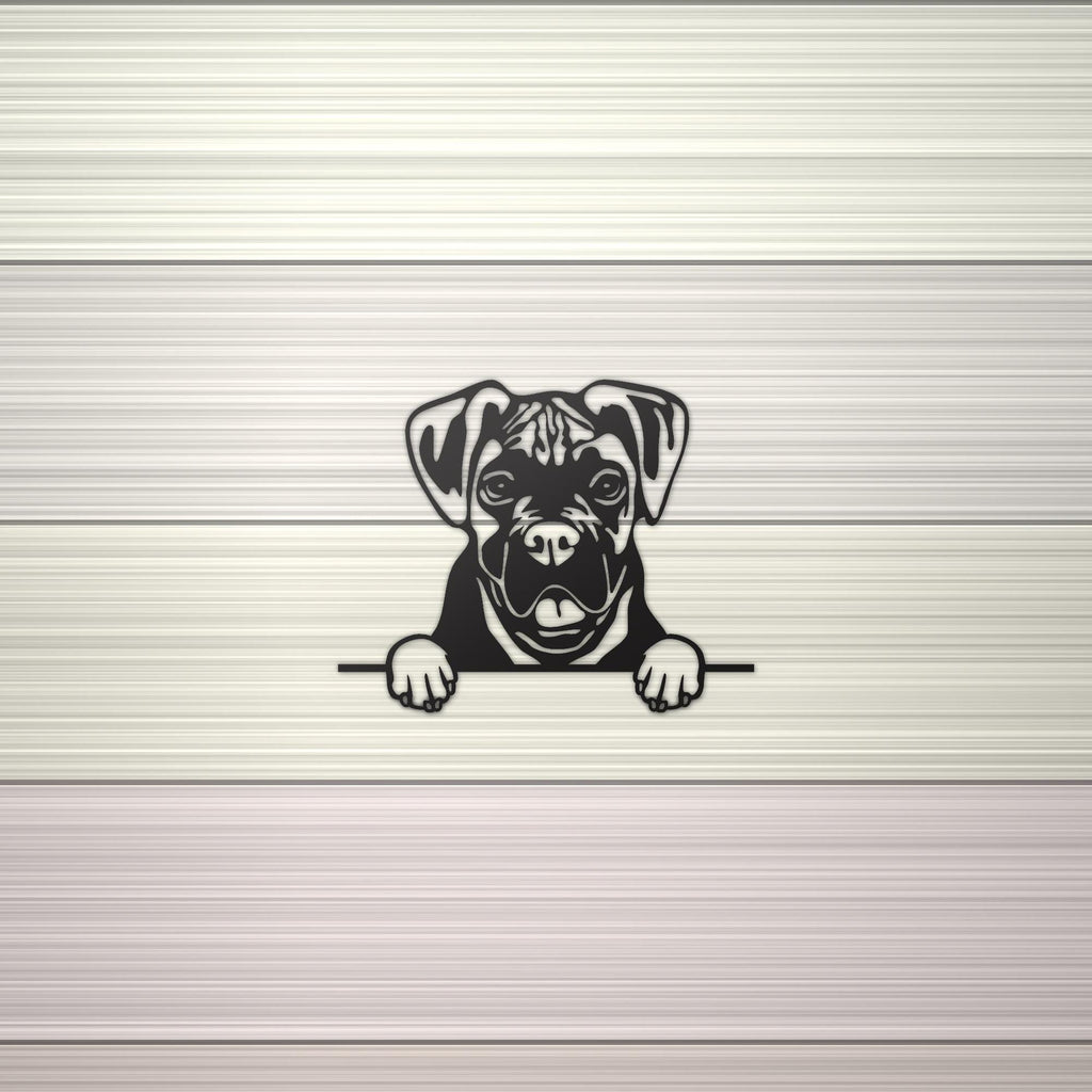 Boxer Dog Lover Gift Metal Dog Sign — shown on a rustic wall