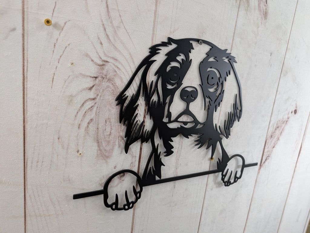 Cavalier King Charles Dog Metal Art Metal Dog Sign — shown on a rustic wall