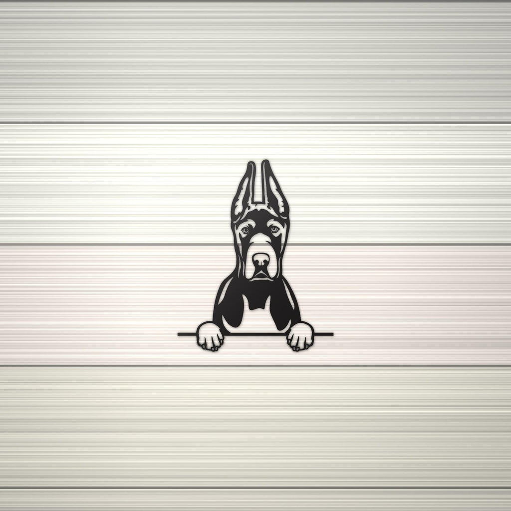 Great Dane Cropped Ears Dog Lover Gift Metal Dog Sign — shown on a rustic wall
