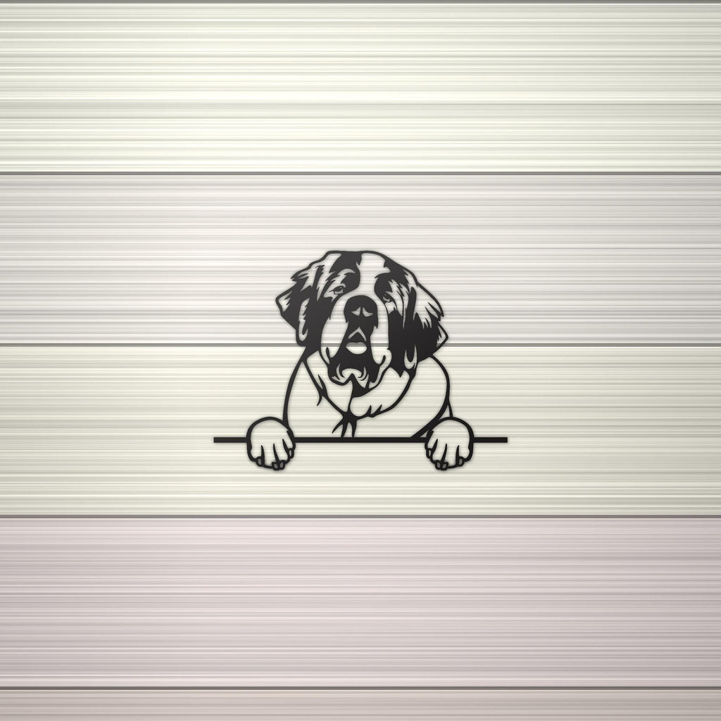 St. Bernard Dog Lover Gift Metal Dog Sign — shown on a rustic wall