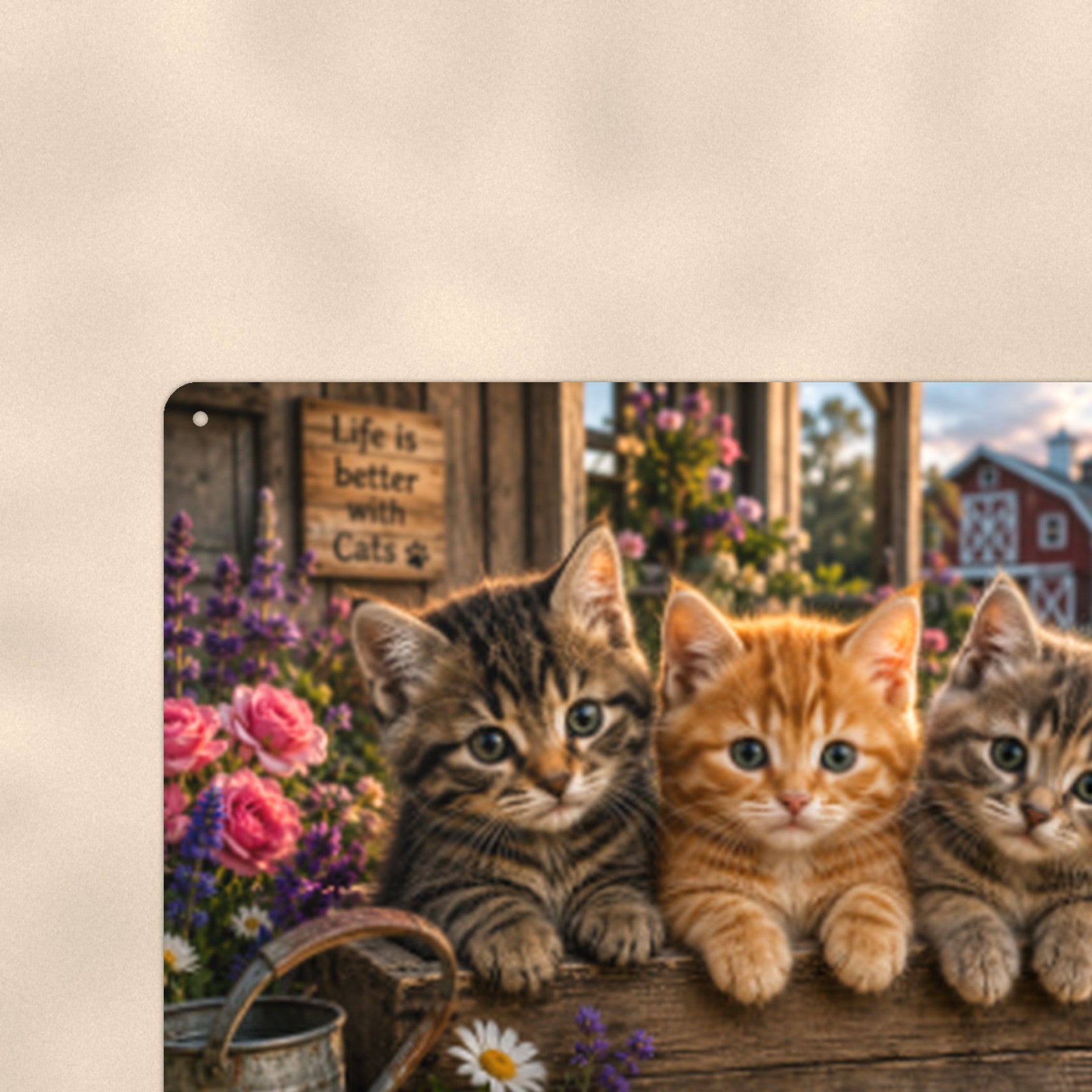 Kittens on the Porch with Lantern aluminum metal sign 12" x 8" - close-up view of the printed artwork