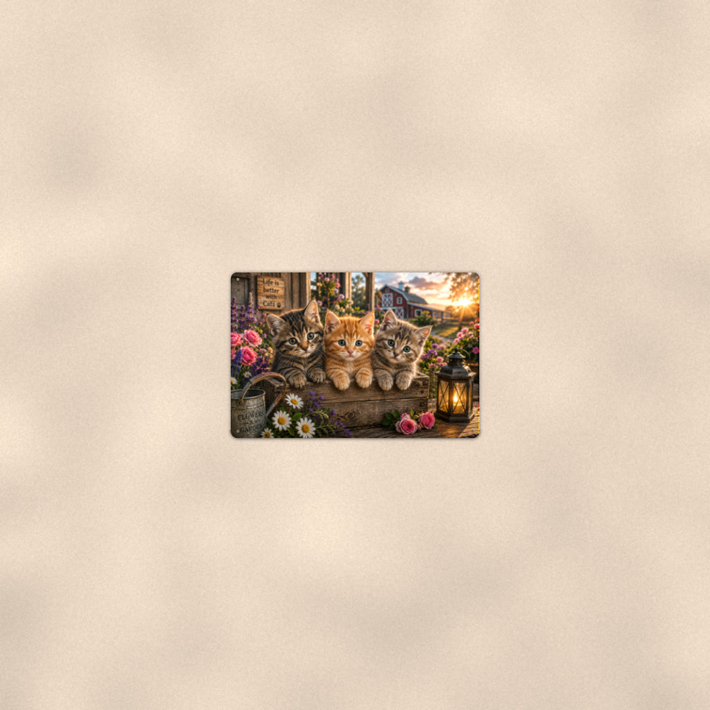 Kittens on the Porch with Lantern aluminum metal sign 12" x 8" - room view on warm wall