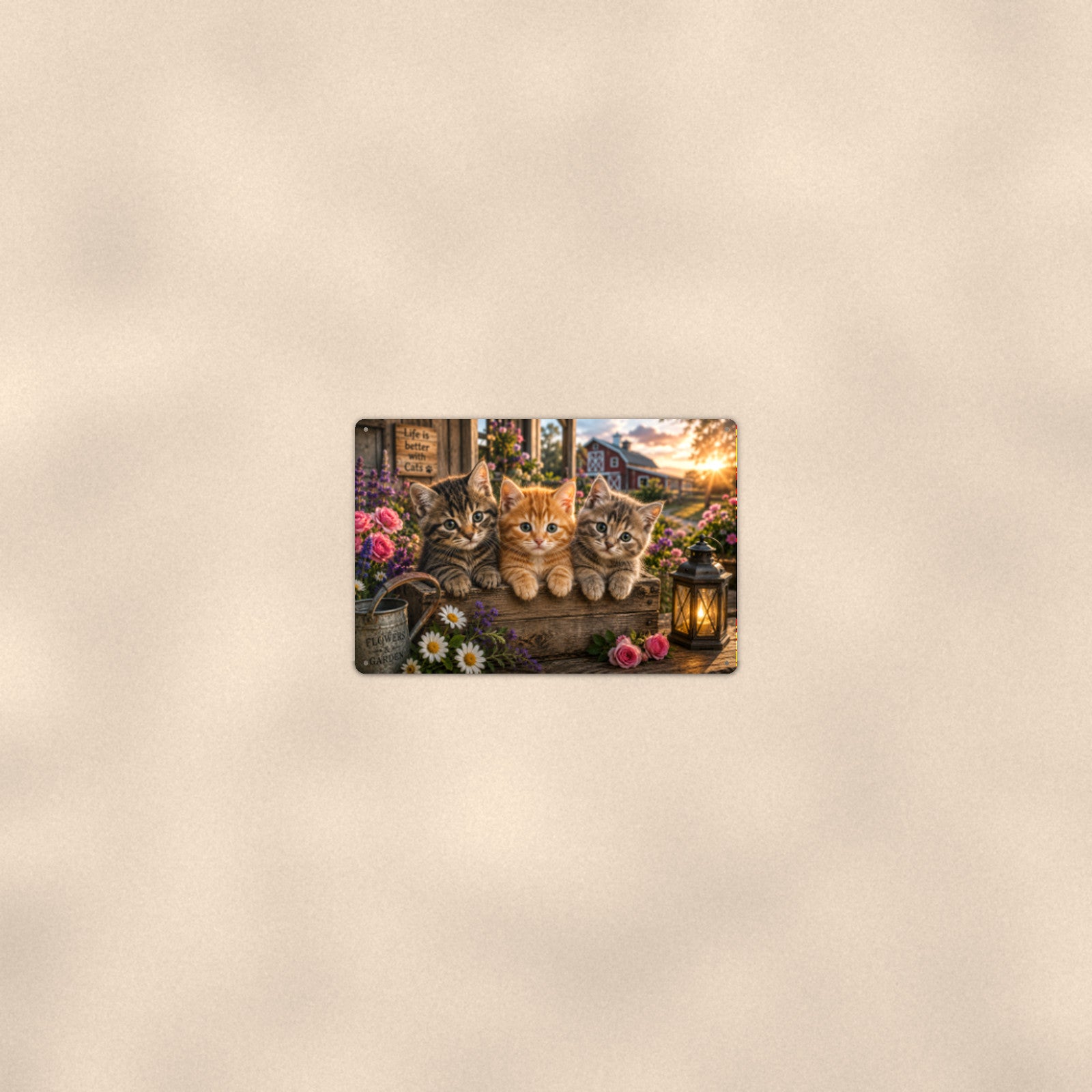 Kittens on the Porch with Lantern aluminum metal sign 12" x 8" - room view on warm wall