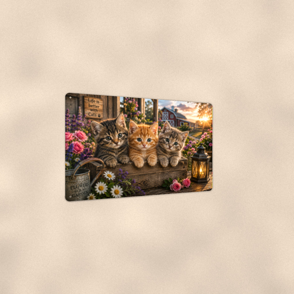 Kittens on the Porch with Lantern aluminum metal sign 12" x 8" - angled view showing glossy finish