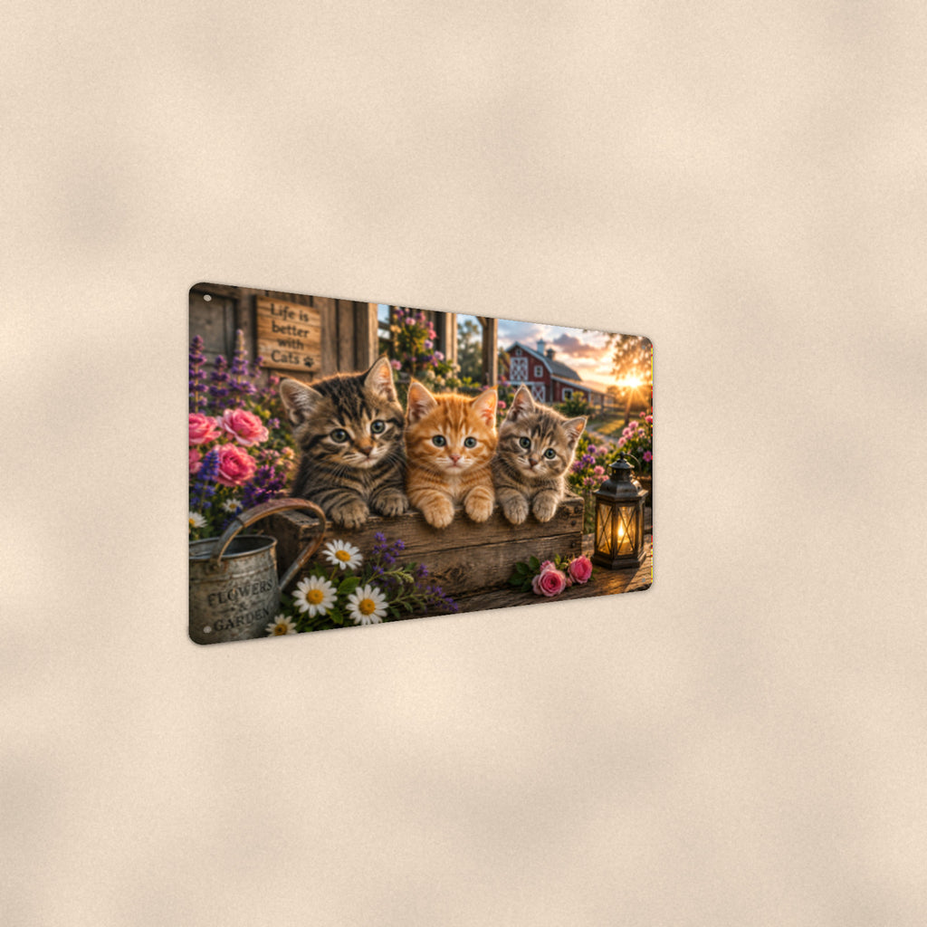 Kittens on the Porch with Lantern aluminum metal sign 12" x 8" - angled wall view from a wider angle