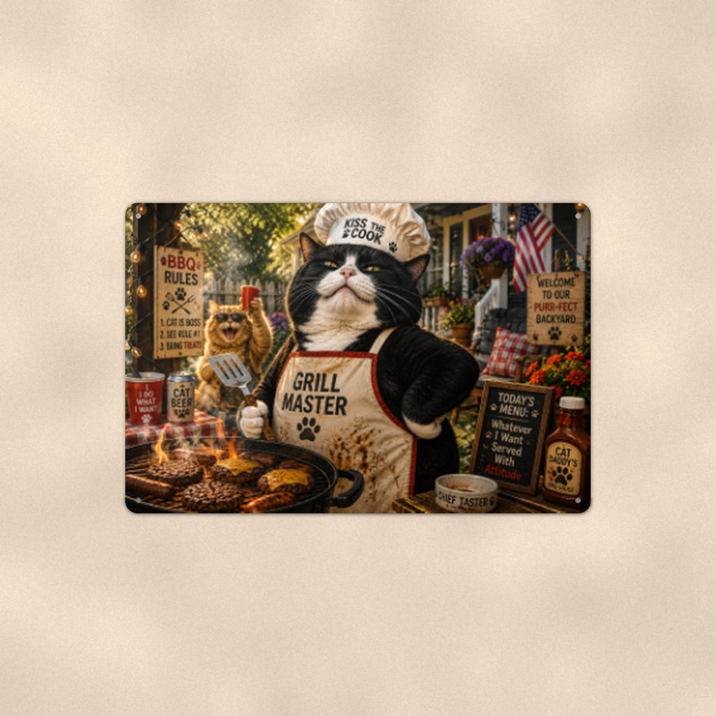 Grill Master Cat aluminum metal sign 12" x 8" - front view on warm wall
