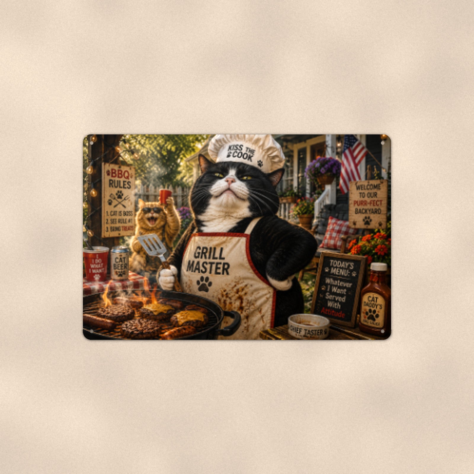 Grill Master Cat aluminum metal sign 12" x 8" - front view on warm wall