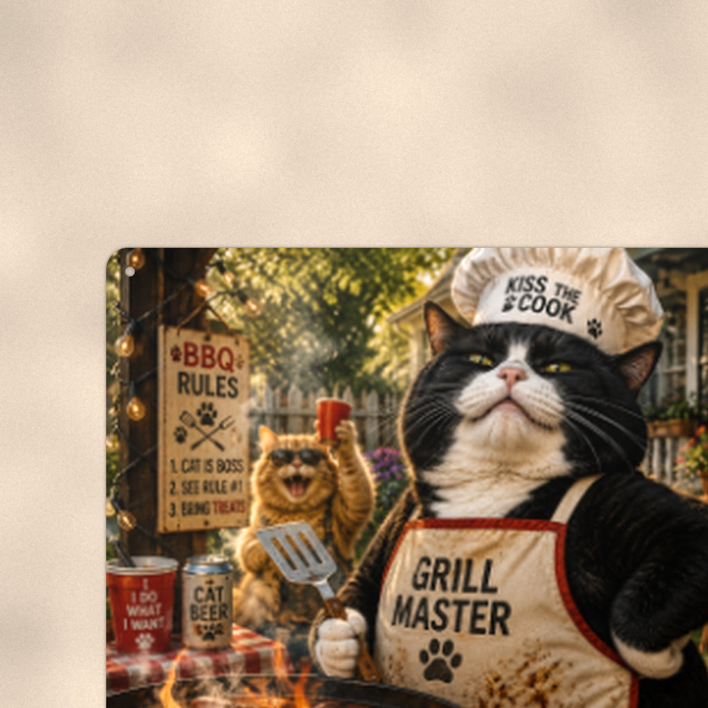Grill Master Cat aluminum metal sign 12" x 8" - close-up view of the printed artwork