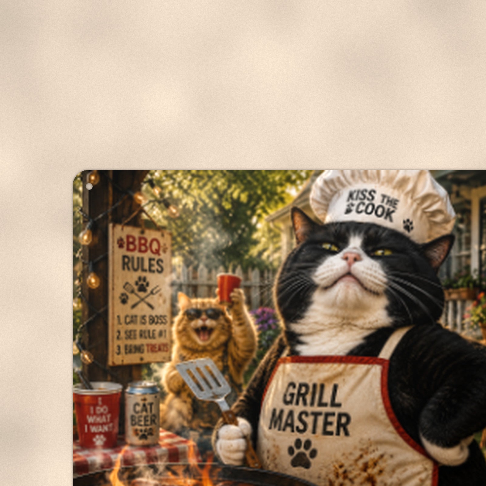 Grill Master Cat aluminum metal sign 12" x 8" - close-up view of the printed artwork