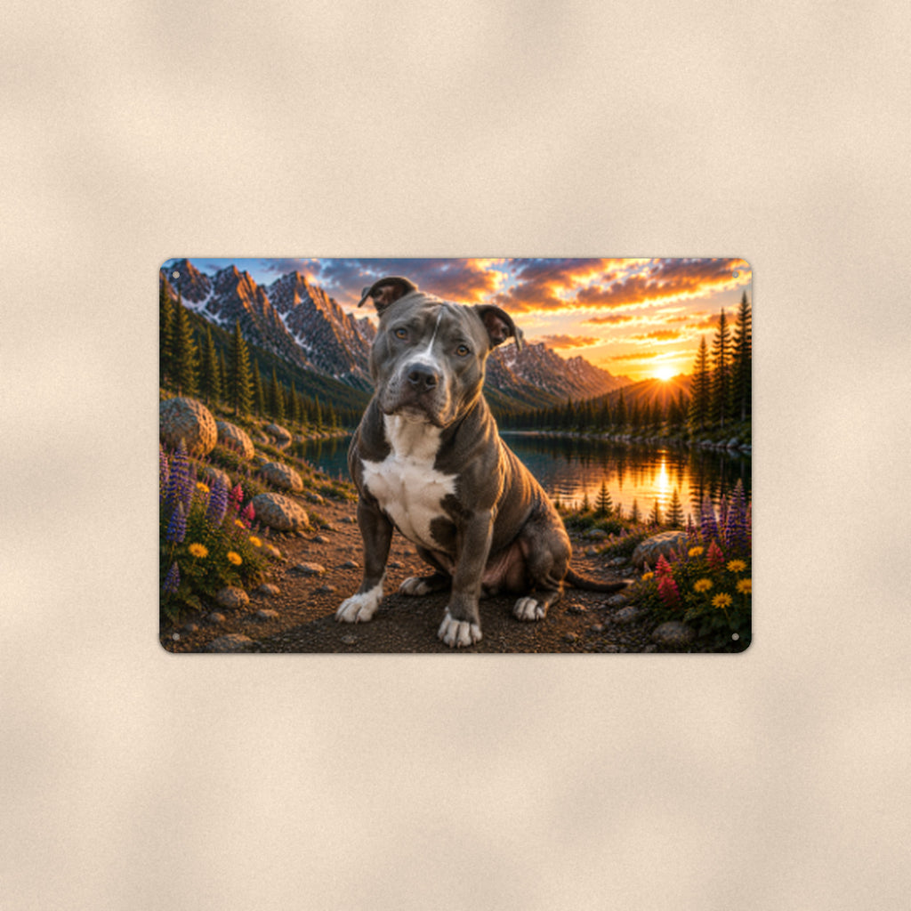 Pit Bull Puppy at the Lake aluminum metal sign 12" x 8" - front view on warm wall