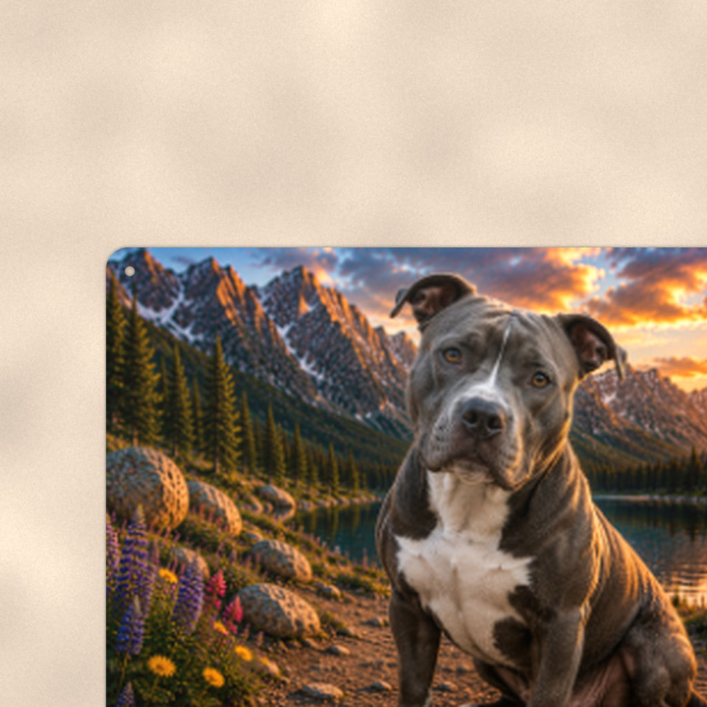 Pit Bull Puppy at the Lake aluminum metal sign 12" x 8" - close-up view of the printed artwork