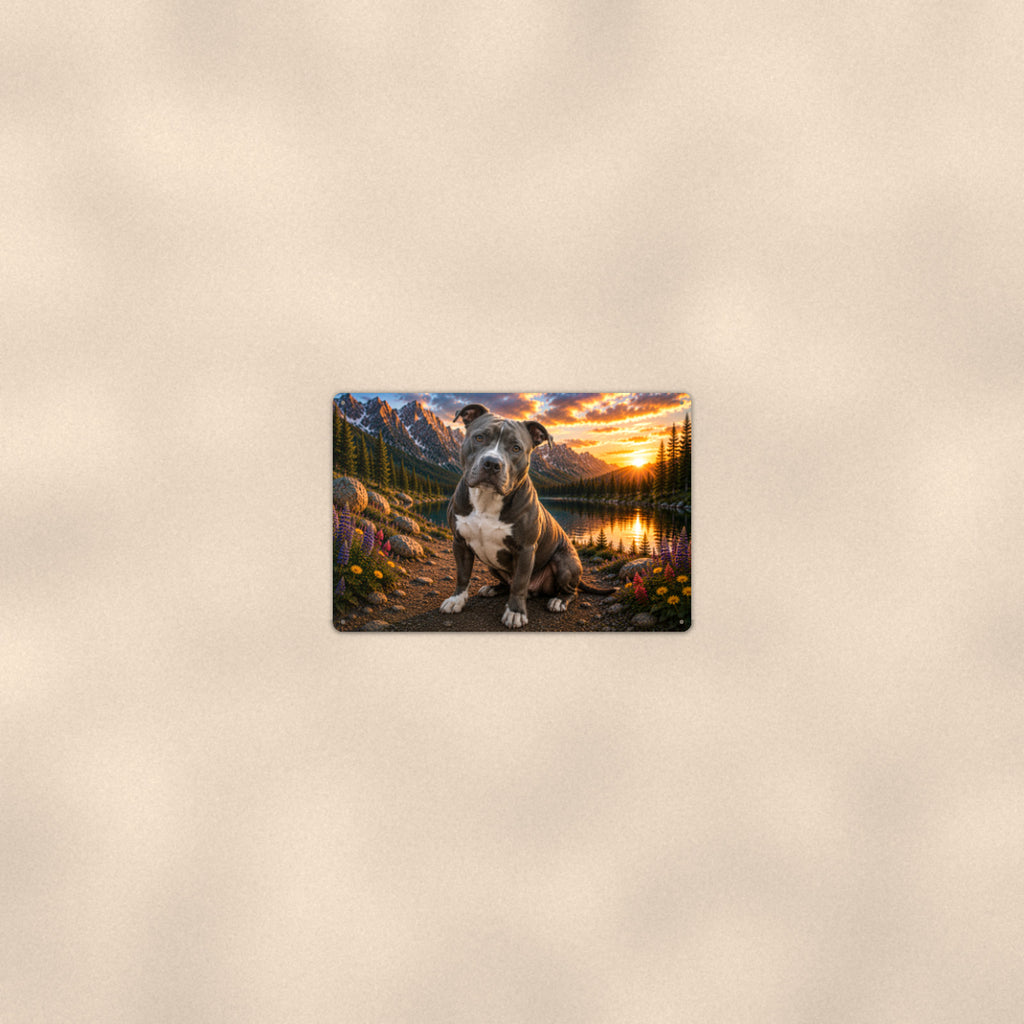 Pit Bull Puppy at the Lake aluminum metal sign 12" x 8" - room view on warm wall