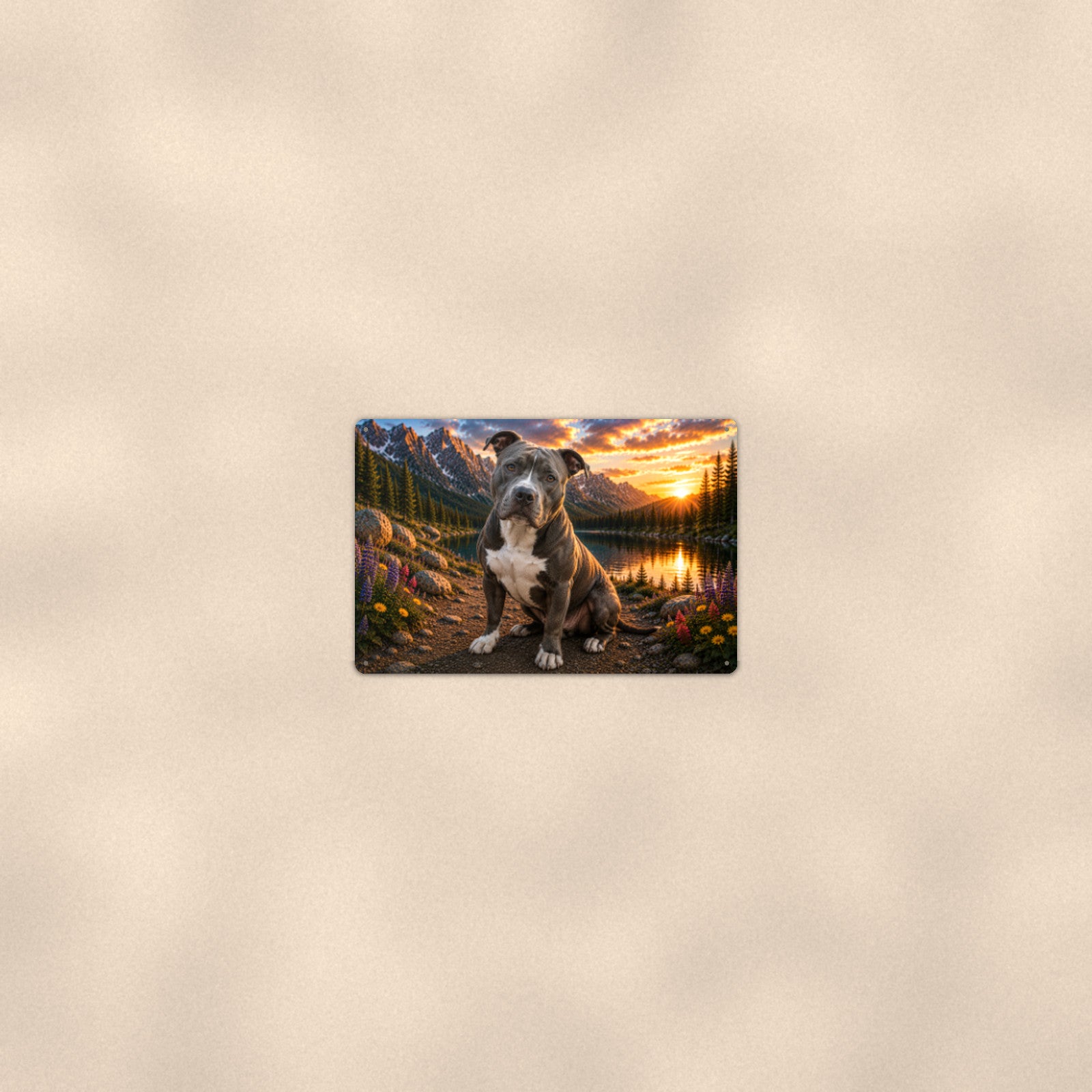 Pit Bull Puppy at the Lake aluminum metal sign 12" x 8" - room view on warm wall