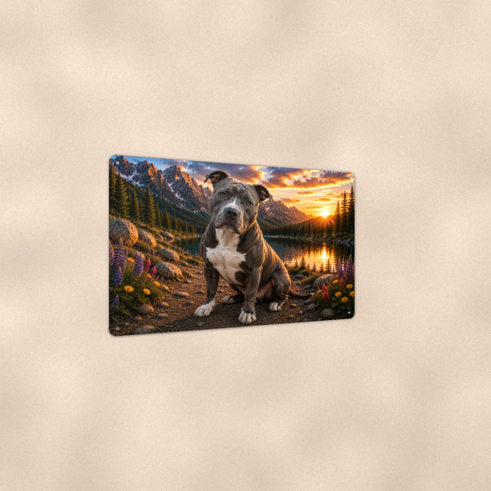 Pit Bull Puppy at the Lake aluminum metal sign 12" x 8" - angled view showing glossy finish