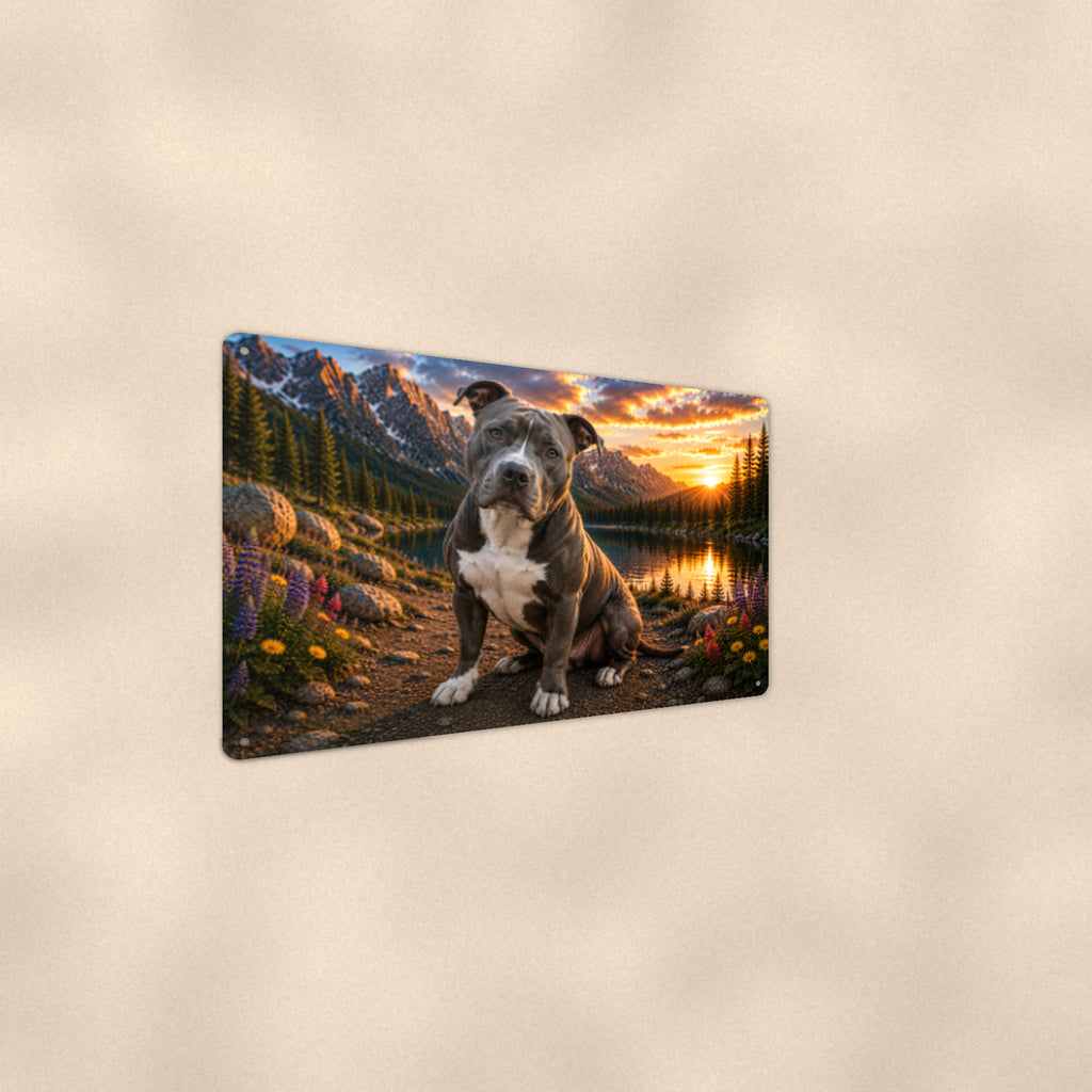 Pit Bull Puppy at the Lake aluminum metal sign 12" x 8" - angled wall view from a wider angle