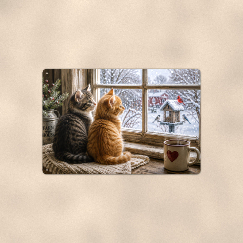 Window Cats Watching Snow aluminum metal sign 12" x 8" - front view on warm wall