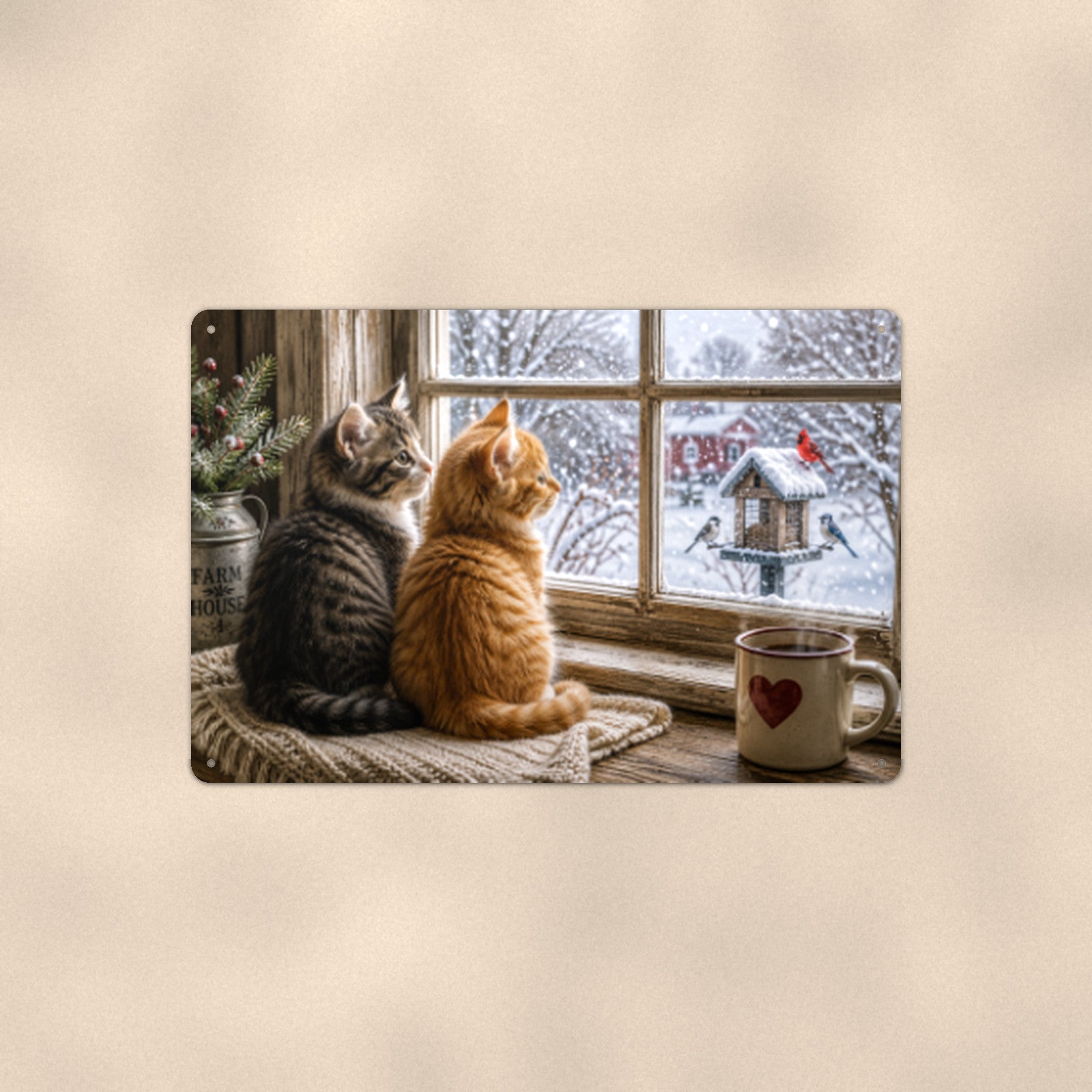 Window Cats Watching Snow aluminum metal sign 12" x 8" - front view on warm wall