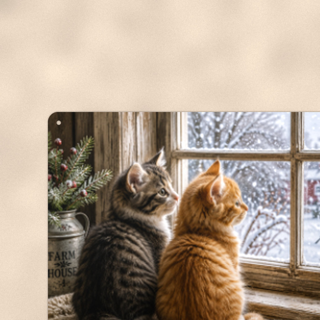 Window Cats Watching Snow aluminum metal sign 12" x 8" - close-up view of the printed artwork