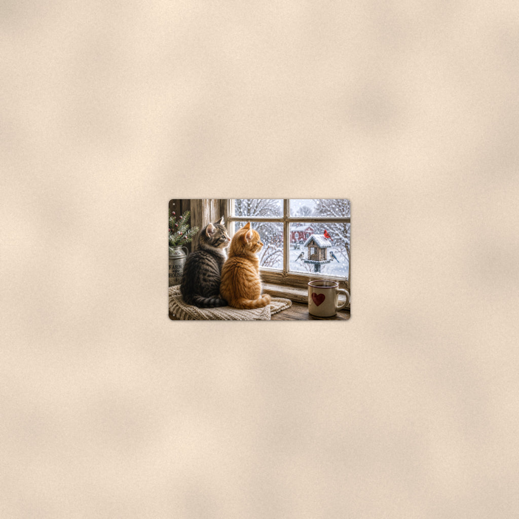 Window Cats Watching Snow aluminum metal sign 12" x 8" - room view on warm wall