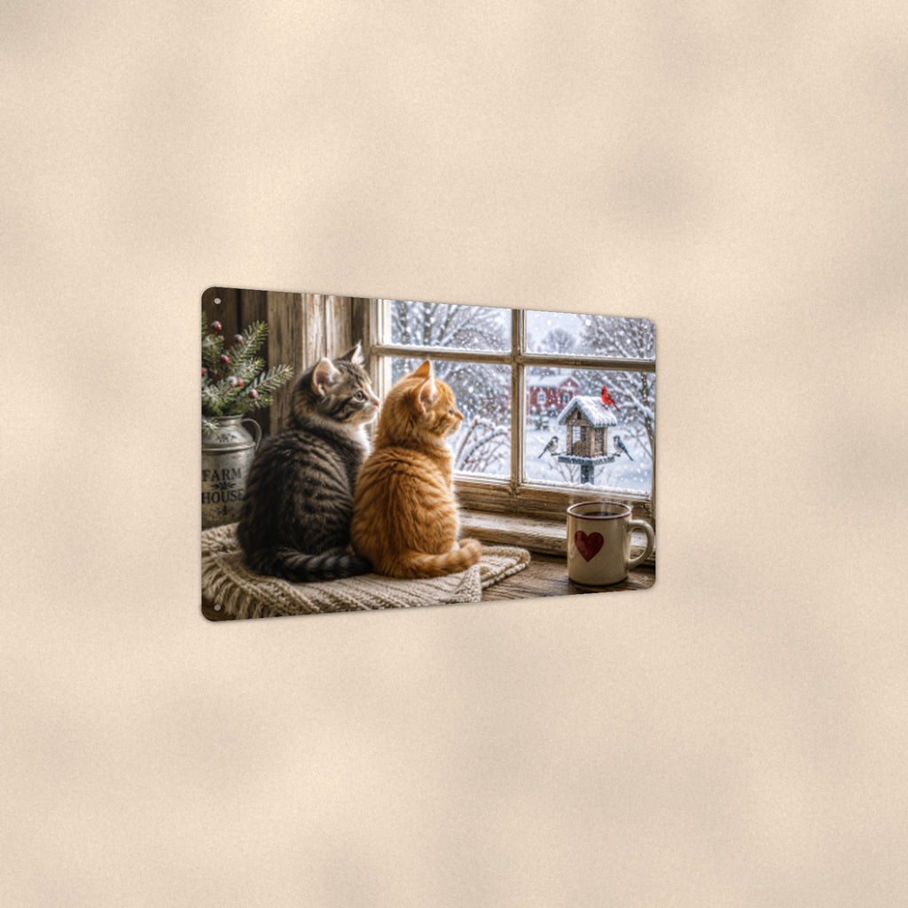 Window Cats Watching Snow aluminum metal sign 12" x 8" - angled view showing glossy finish
