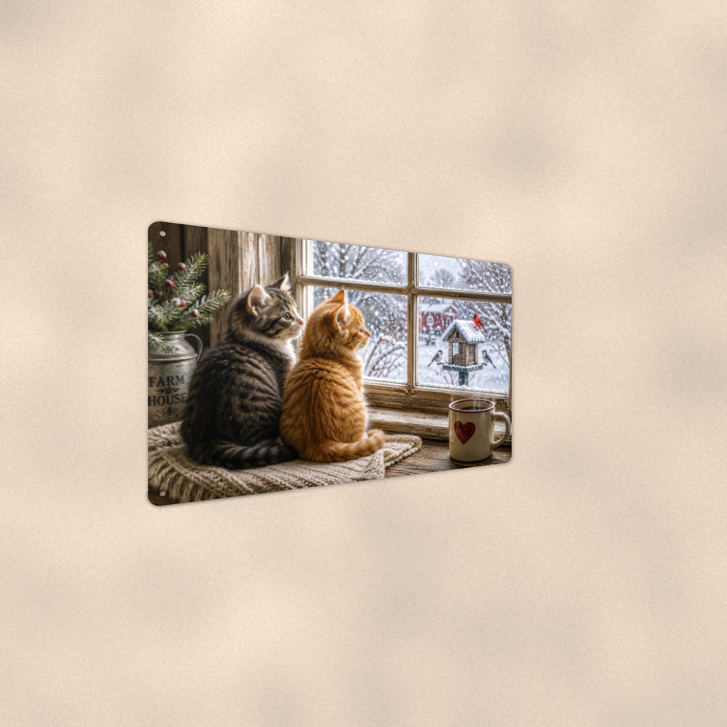 Window Cats Watching Snow aluminum metal sign 12" x 8" - angled wall view from a wider angle