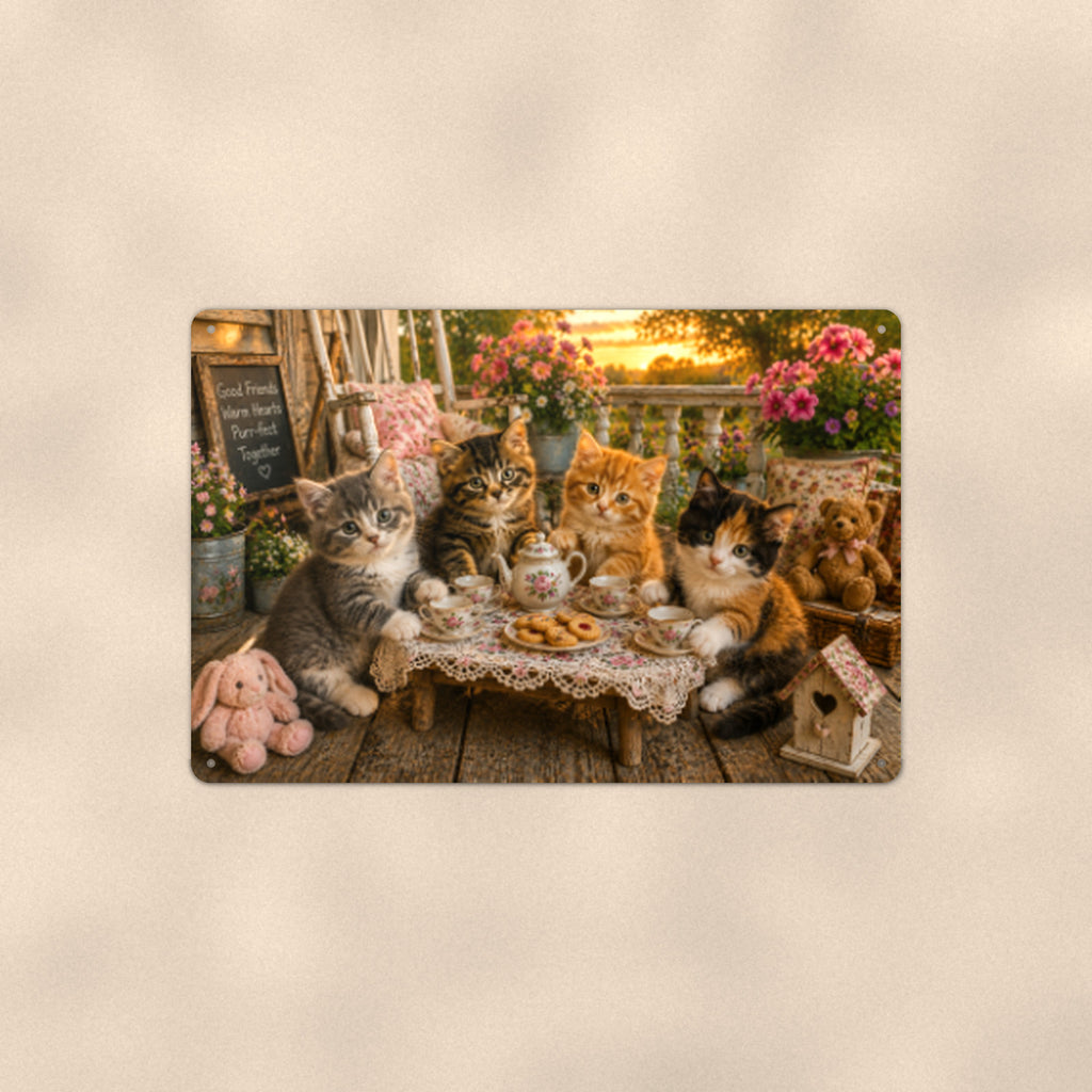 Kitten Tea Party aluminum metal sign 12" x 8" - front view on warm wall