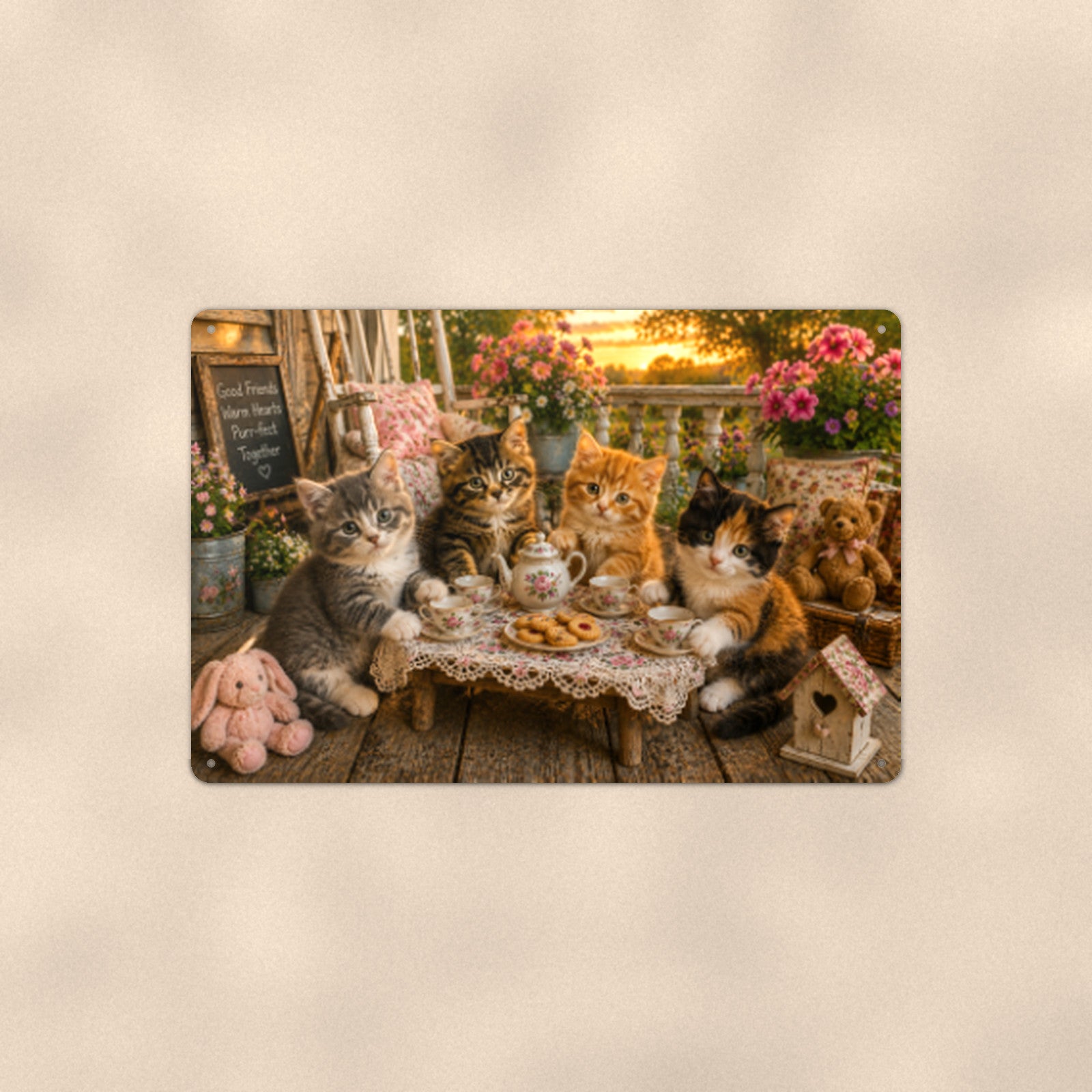 Kitten Tea Party aluminum metal sign 12" x 8" - front view on warm wall