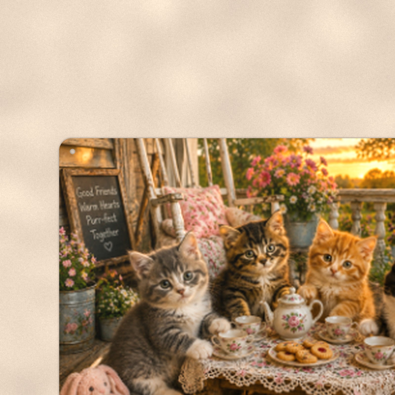 Kitten Tea Party aluminum metal sign 12" x 8" - close-up view of the printed artwork