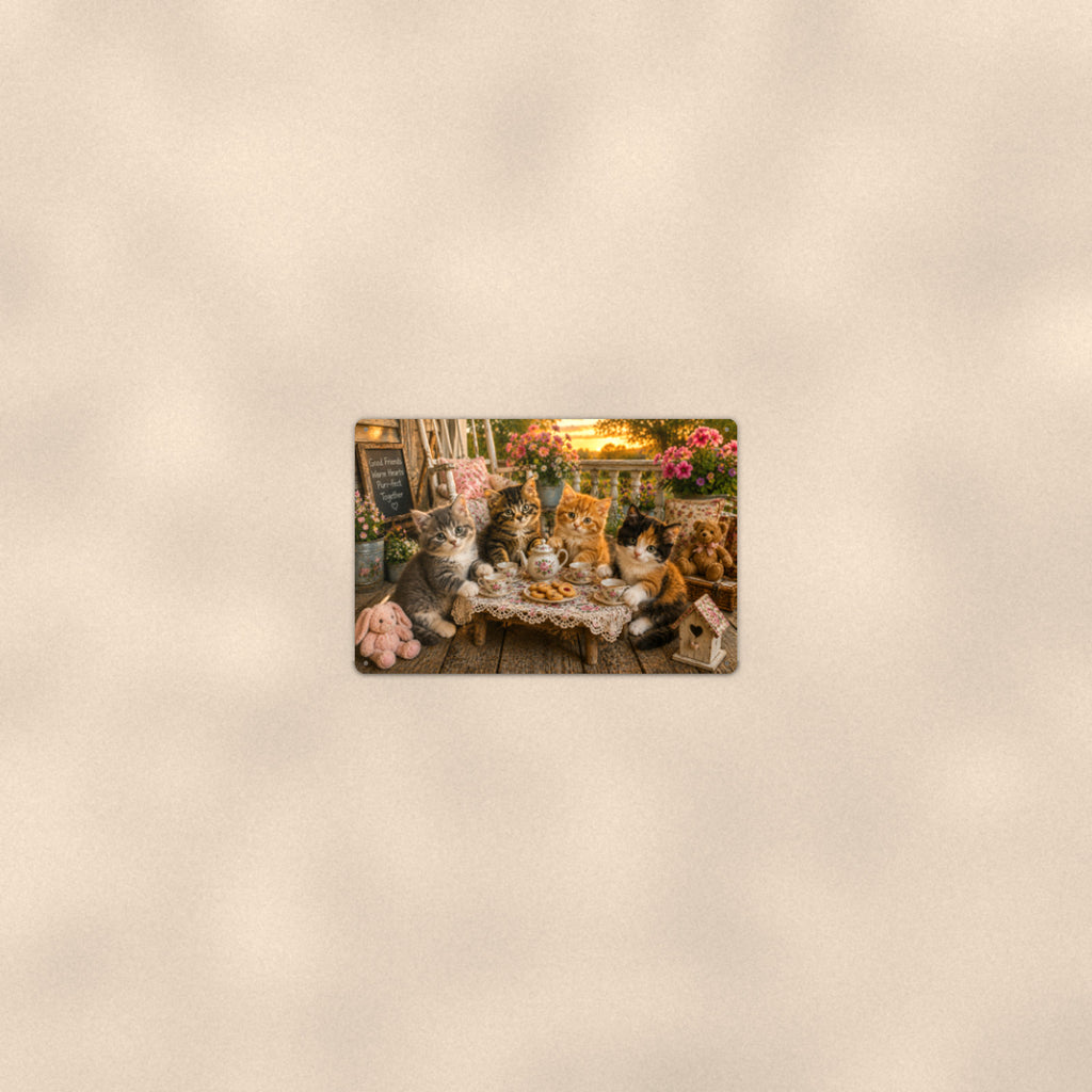Kitten Tea Party aluminum metal sign 12" x 8" - room view on warm wall