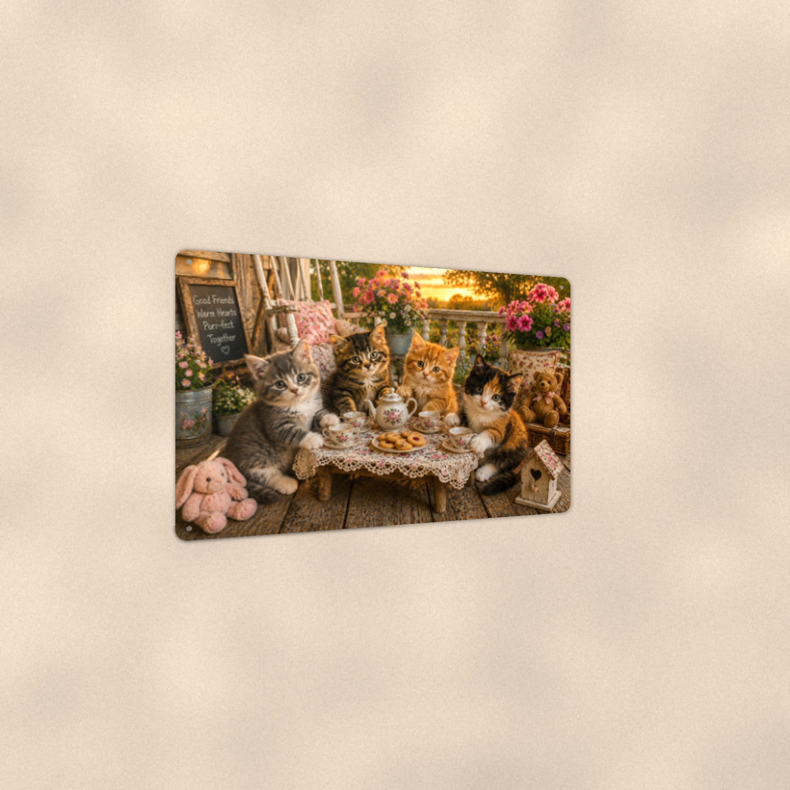 Kitten Tea Party aluminum metal sign 12" x 8" - angled view showing glossy finish