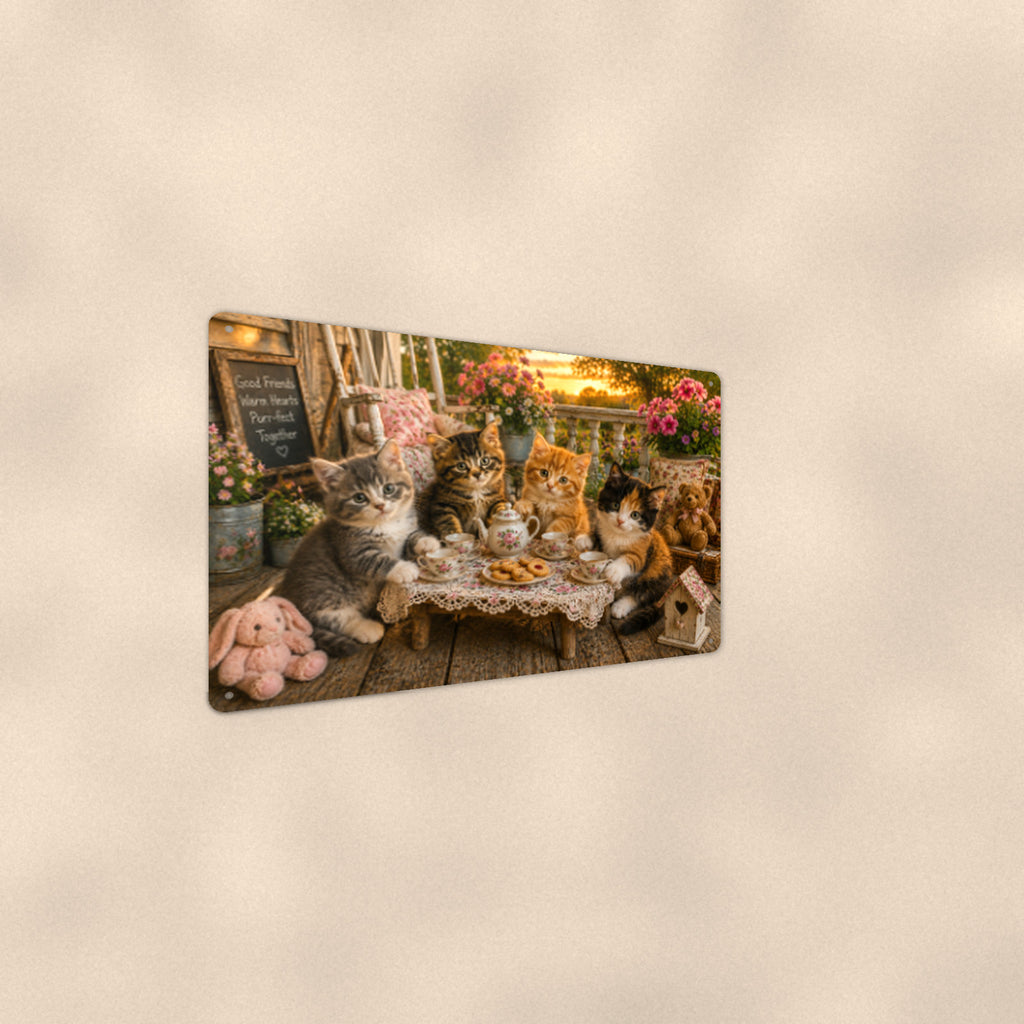 Kitten Tea Party aluminum metal sign 12" x 8" - angled wall view from a wider angle
