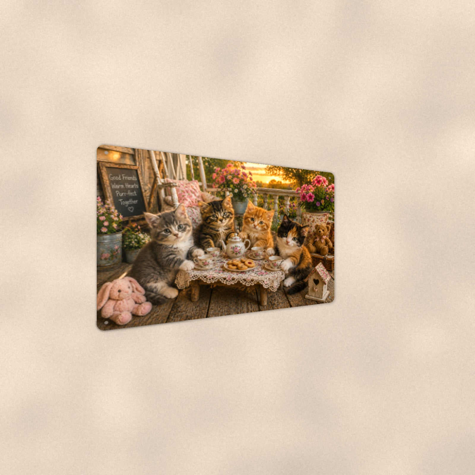 Kitten Tea Party aluminum metal sign 12" x 8" - angled wall view from a wider angle