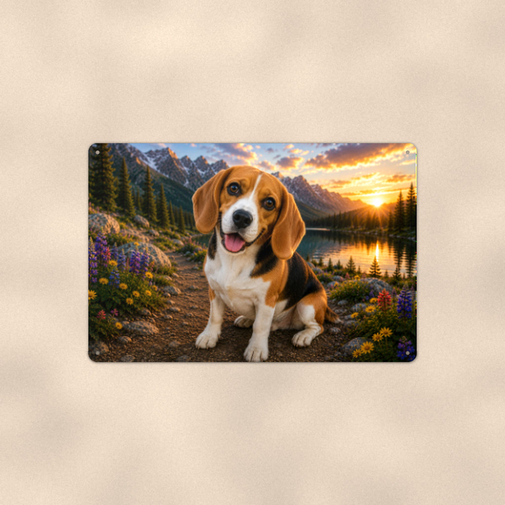 Beagle at the Lake aluminum metal sign 12" x 8" - front view on warm wall
