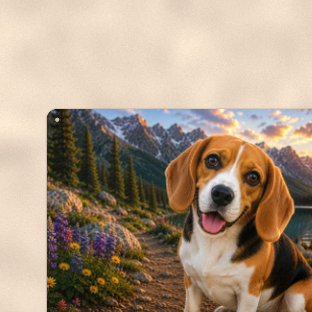 Beagle at the Lake aluminum metal sign 12" x 8" - close-up view of the printed artwork
