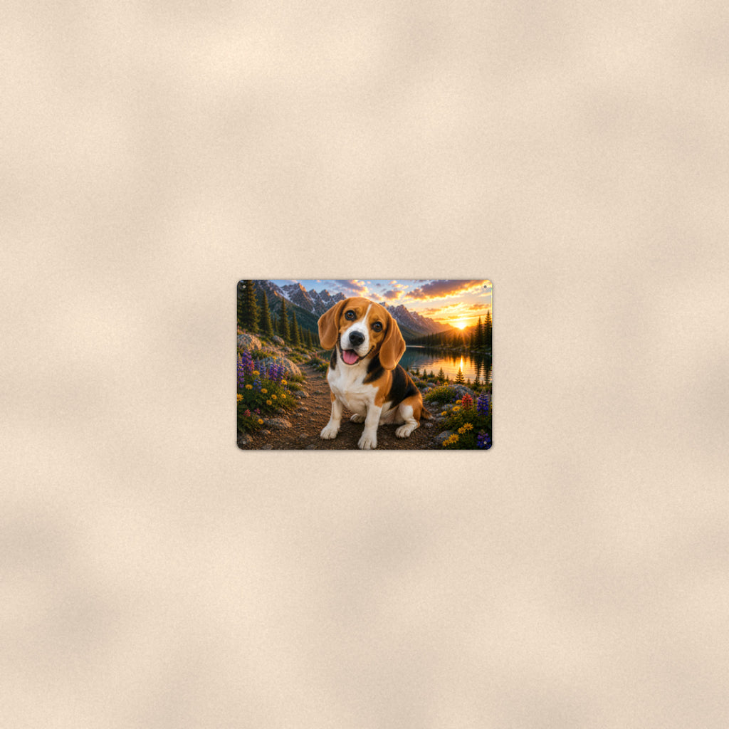 Beagle at the Lake aluminum metal sign 12" x 8" - room view on warm wall